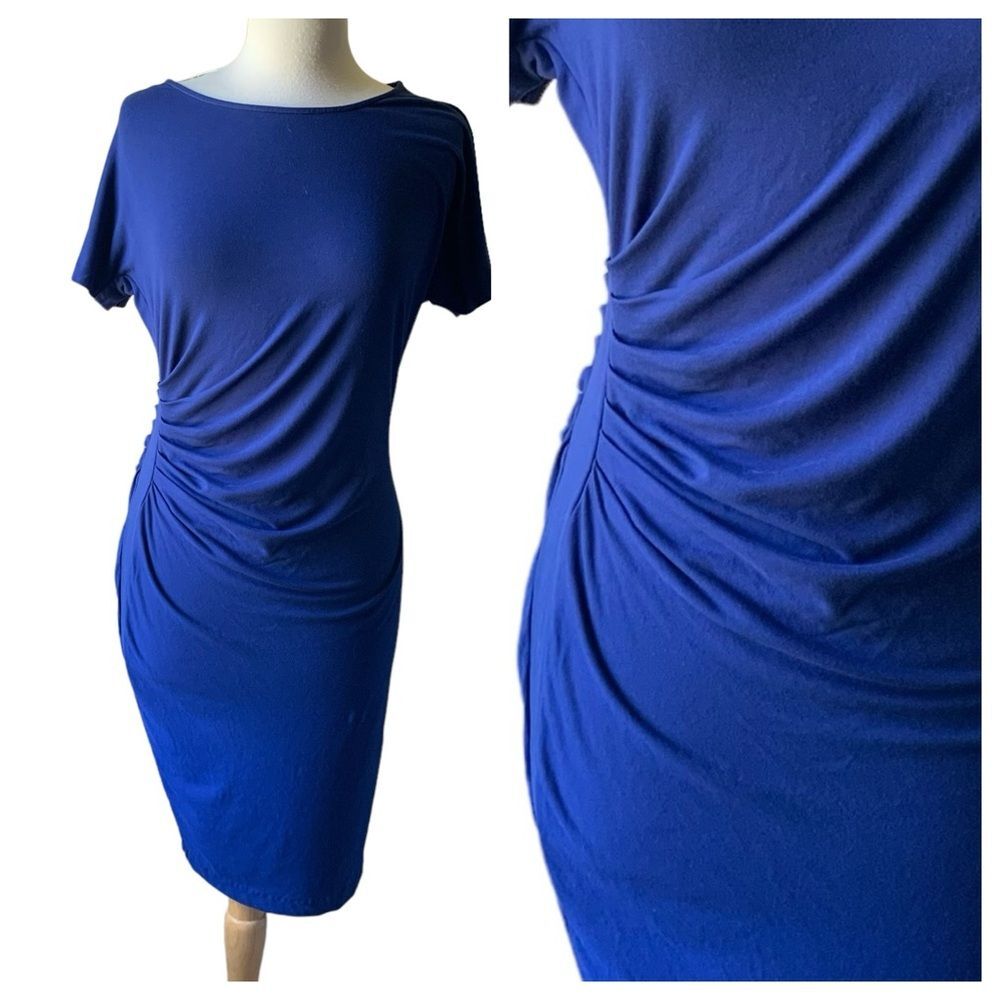 PURE Collection Blue Short Sleeve Ruched Mini Dress - Medium